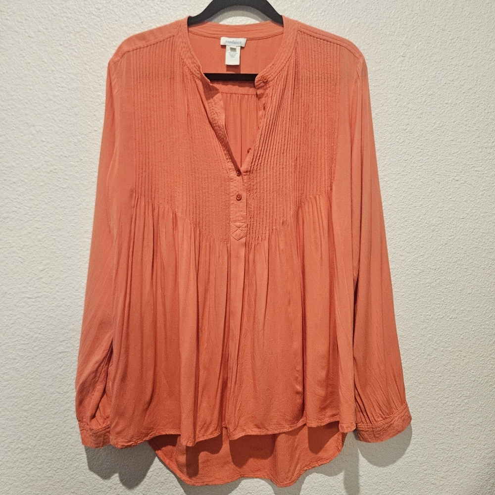 Sundance Coral Crepe Pleated Popover Flowy Tunic Top Size M